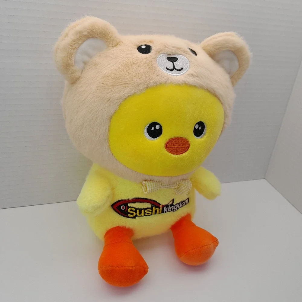 Sushi Kingdom Yellow Chick Plush in Bear Hood Costume Gingham Bow Tie 9 Inch